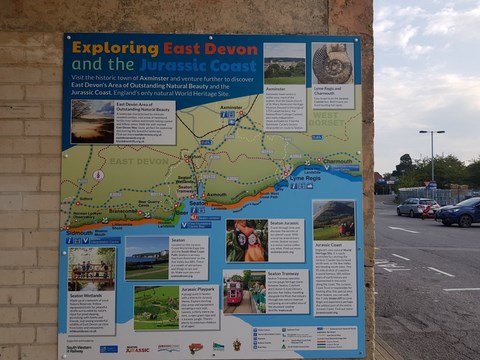 Local information board at Axminster Station